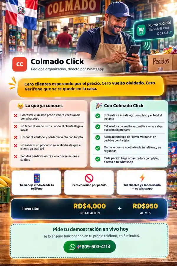 Flyer de Colmado Click: pedidos organizados directo por WhatsApp, calculadora de vuelto, aviso de Verifone y control de productos agotados